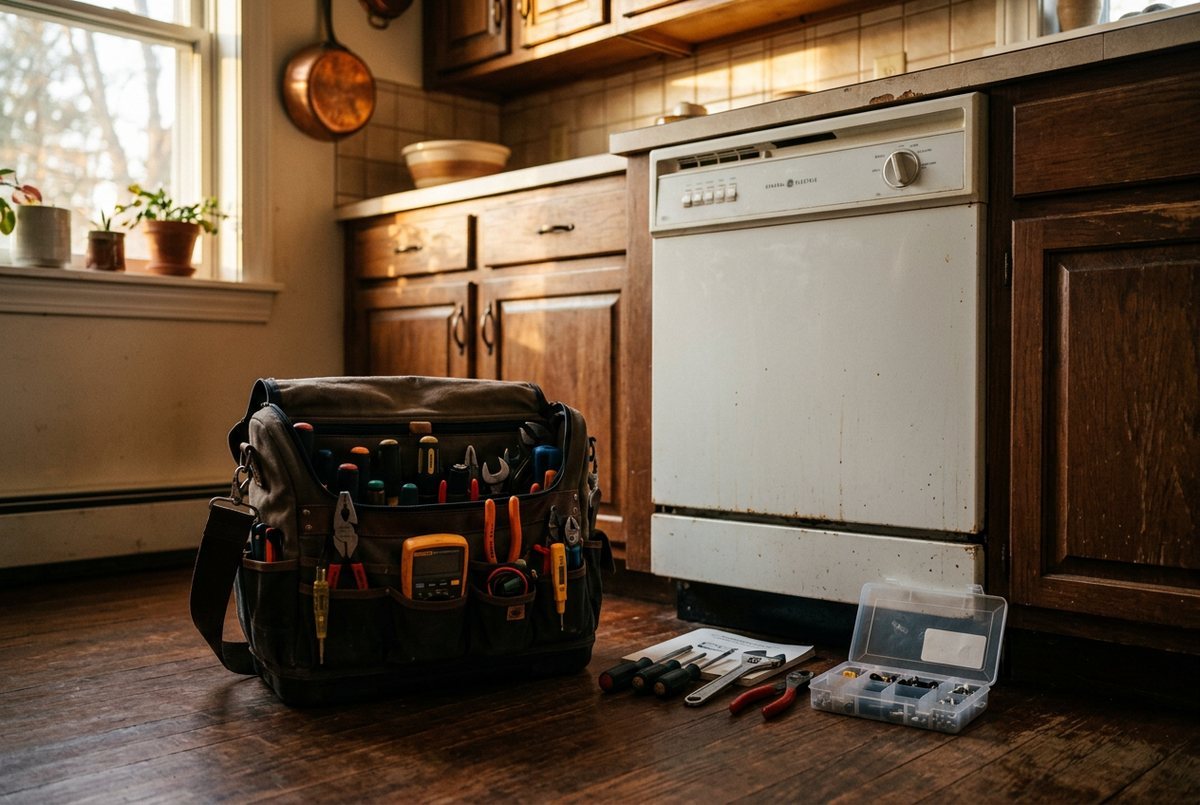 Appliance repair technician at work